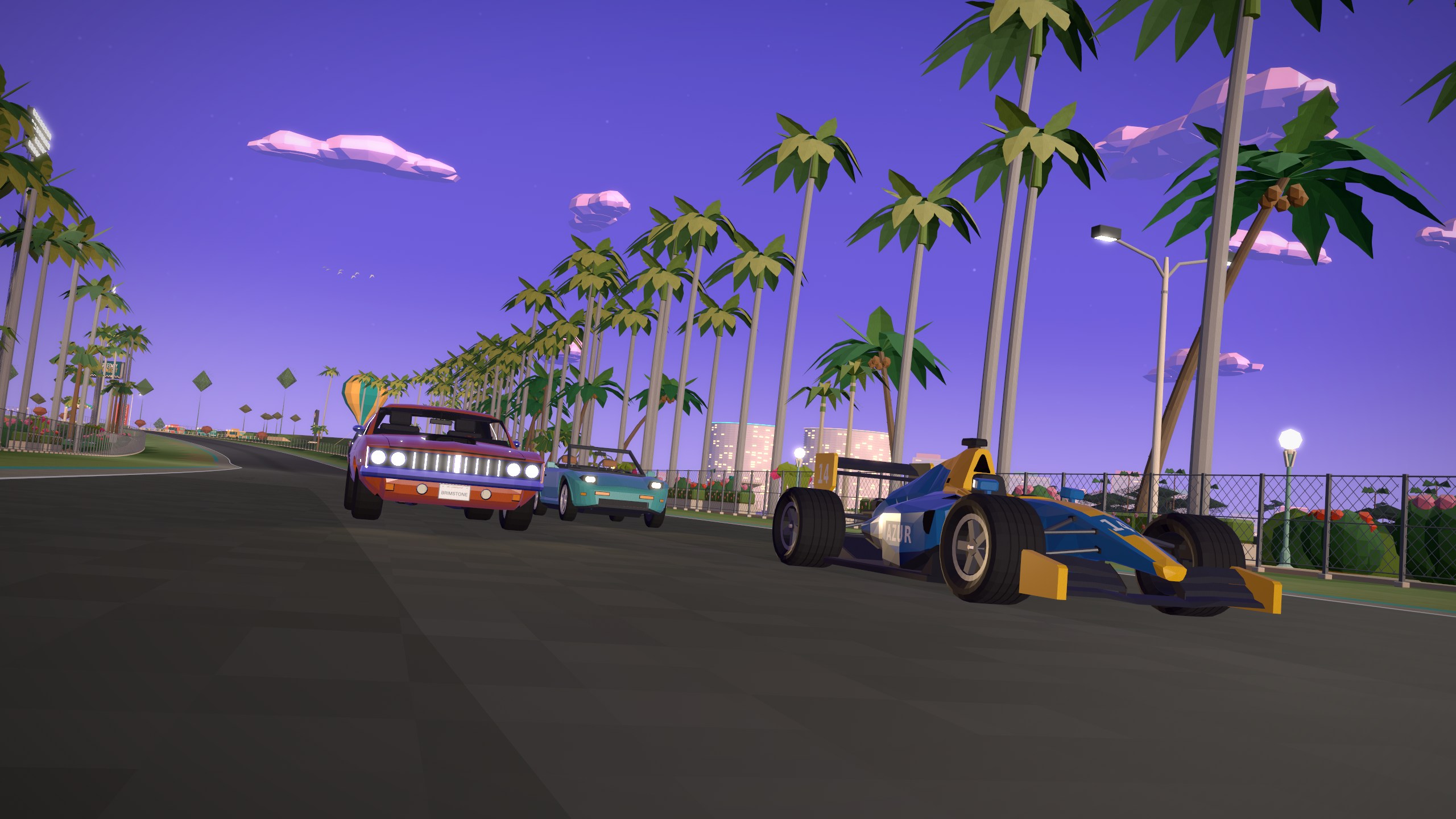 In-engine Palmetto preview: three cars beneath palm trees and a violet dusk sky
