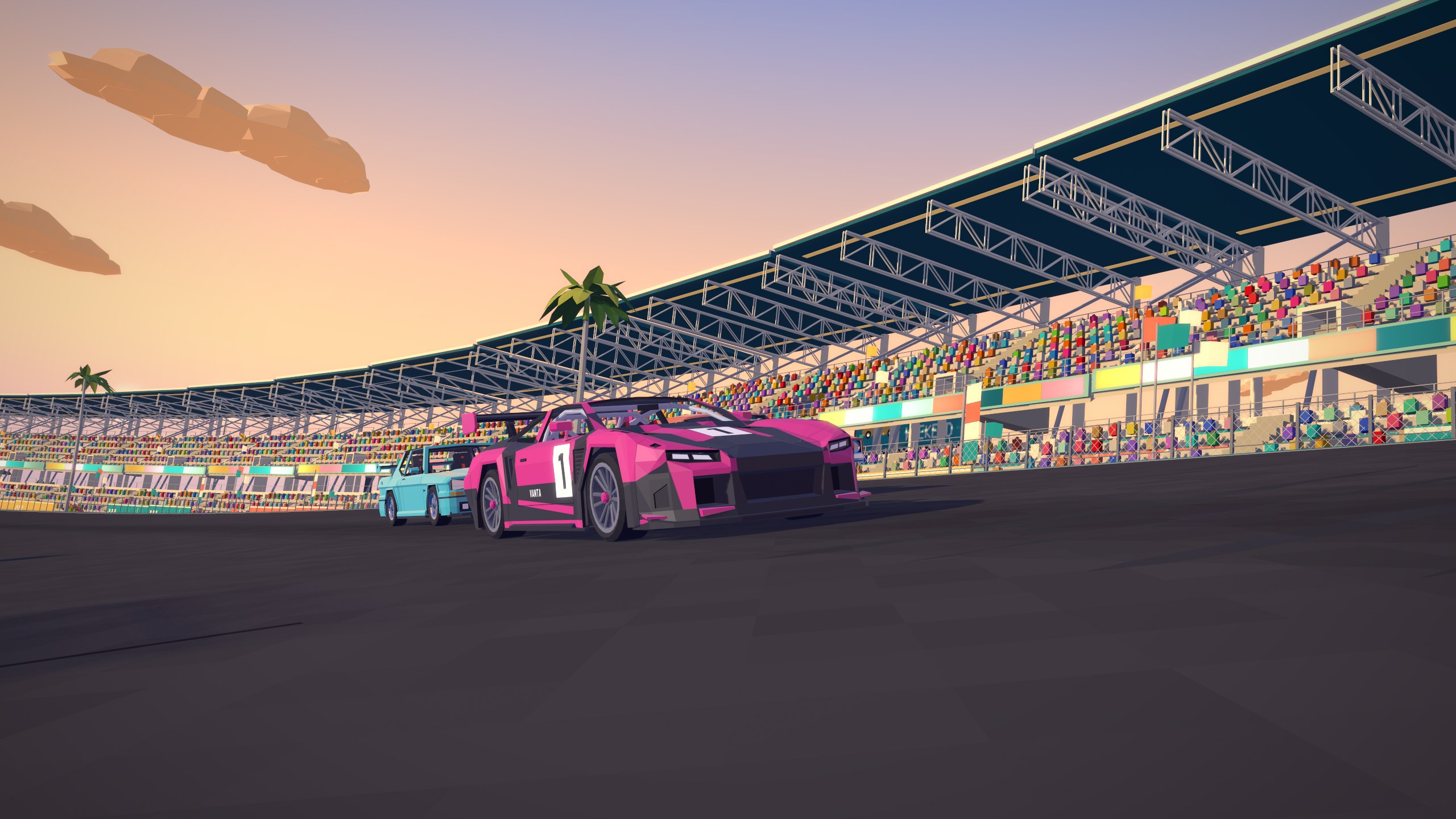 Velozo in-engine development preview: a magenta race car rounding the banked Palmetto track beneath a sunset sky