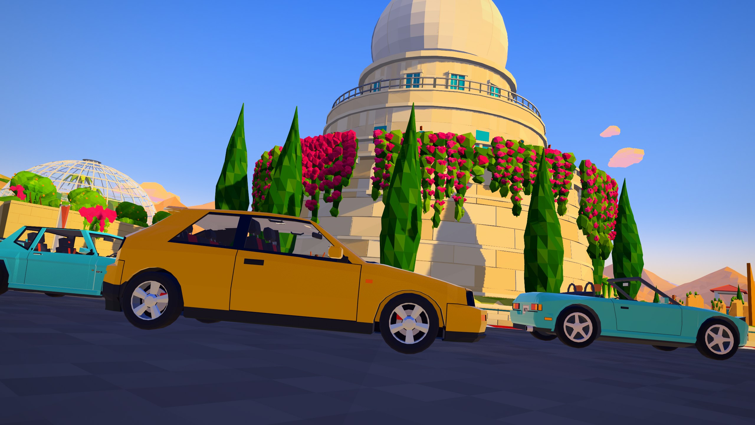 In-engine Sunspoke preview: colorful low-poly cars passing a flower-covered observatory in golden light