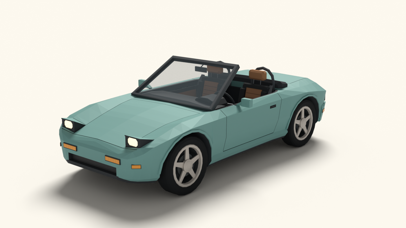 Mizu, a mint-green low-poly roadster with raised headlights, shown as a work-in-progress vehicle render